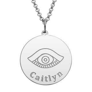 Silver Plated Engraved Name and Evil Eye Disc Necklace