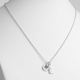 Silver Plated Engraved Name, Date, Birthstone and Cross Cluster Necklace