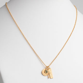 14K Gold Plated Engraved Name, Date, Birthstone and Cross Cluster Necklace