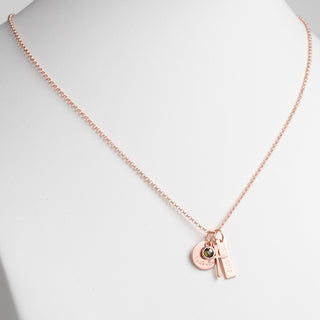 14K Rose Gold Plated Engraved Name, Date, Birthstone and Cross Cluster Necklace