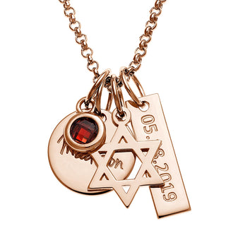 14K Rose Gold Plated Engraved Name, Date, Birthstone and Star of David Cluster Necklace