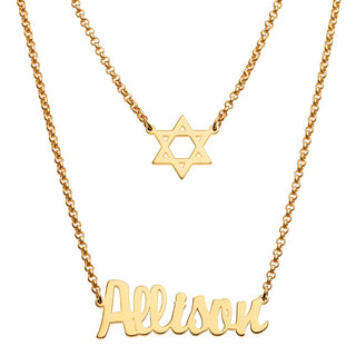 14K Gold Plated Name and Star of David Layered Double Necklace