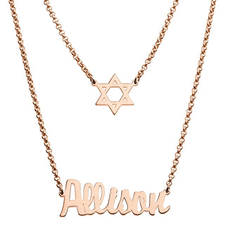 14K Rose Gold Plated Name and Star of David Layered Double Necklace