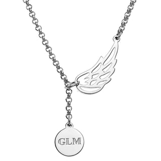 Silver Plated Engraved Initials Disc and Angel Wing Y-Necklace