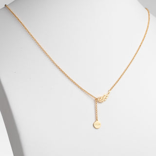 14K Gold Plated Engraved Initials Disc and Angel Wing Y-Necklace
