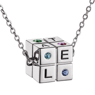 Silver Plated Family Initial and Birthstone Cube Necklace
