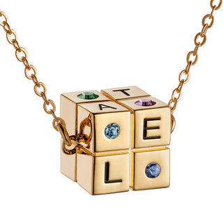 14K Gold Plated Family Initial and Birthstone Cube Necklace