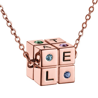14K Rose Gold Plated Family Initial and Birthstone Cube Necklace