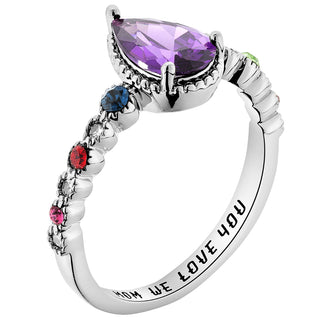 Silver Plated Mother's Pear and Family Birthstone Ring