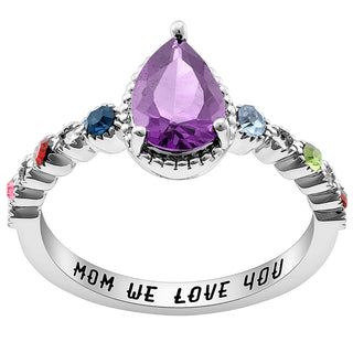 Silver Plated Mother's Pear and Family Birthstone Ring