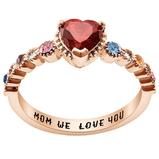14K Rose Gold Plated Mother's and Family Heart Birthstone Ring