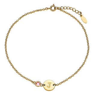 14K Gold Plated Engraved Disc and Station Birthstone Anklet