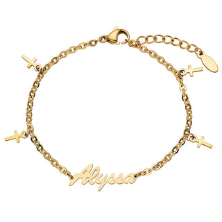 Gold Stainless Steel Name Bracelet with Cross Charms