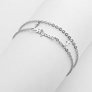 Stainless Steel Double Chain Cross Charm and Name Anklet