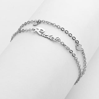 Stainless Steel Double Chain Heart Charm and Name Bracelet