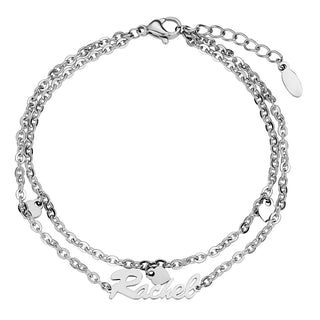 Stainless Steel Double Chain Heart Charm and Name Bracelet