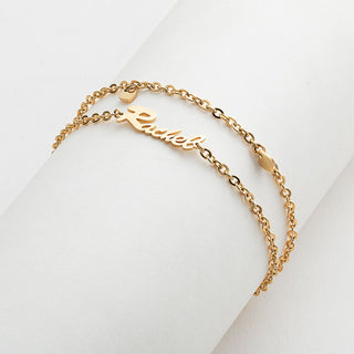 Gold Stainless Steel Double Chain Heart Charm and Name Bracelet
