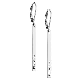 Silver Plated Engraved Name Vertical Bar Leverback Earrings