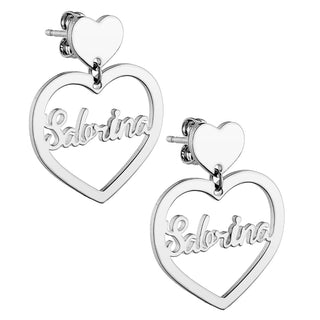 Silver Plated Script Name Double Heart Dangle Earrings