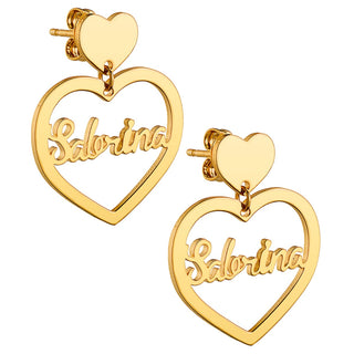 14K Gold Plated Script Name Double Heart Dangle Earrings