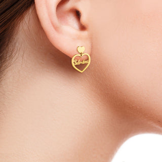 14K Gold Plated Script Name Double Heart Dangle Earrings