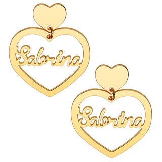 14K Gold Plated Script Name Double Heart Dangle Earrings