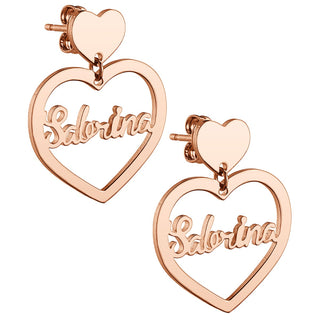 14K Rose Gold Plated Script Name Double Heart Dangle Earrings