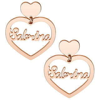 14K Rose Gold Plated Script Name Double Heart Dangle Earrings