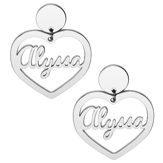 Silver Plated Script Name Heart with Circle Dangle Earrings