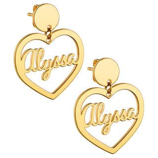 14K Gold Plated Script Name Heart with Circle Dangle Earrings