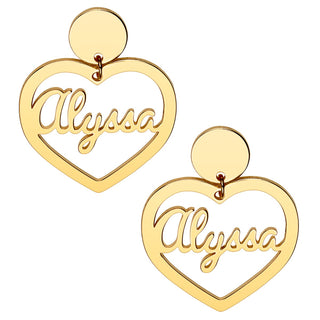 14K Gold Plated Script Name Heart with Circle Dangle Earrings