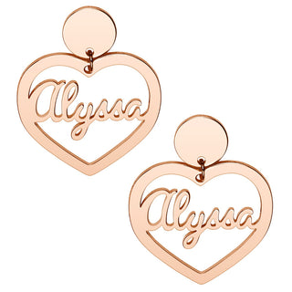 14K Rose Gold Plated Script Name Heart with Circle Dangle Earrings