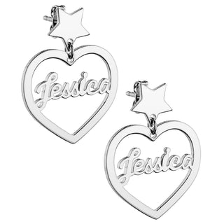 Silver Plated Script Name Heart with Star Dangle Earrings