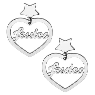 Silver Plated Script Name Heart with Star Dangle Earrings
