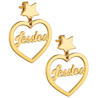 14K Gold Plated Script Name Heart with Star Dangle Earrings