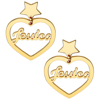 14K Gold Plated Script Name Heart with Star Dangle Earrings