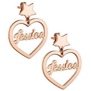 14K Rose Gold Plated Script Name Heart with Star Dangle Earrings