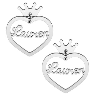 Silver Plated Script Name Heart with Crown Dangle Earrings