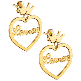 14K Gold Plated Script Name Heart with Crown Dangle Earrings