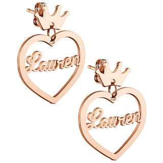 14K Rose Gold Plated Script Name Heart with Crown Dangle Earrings