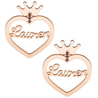 14K Rose Gold Plated Script Name Heart with Crown Dangle Earrings