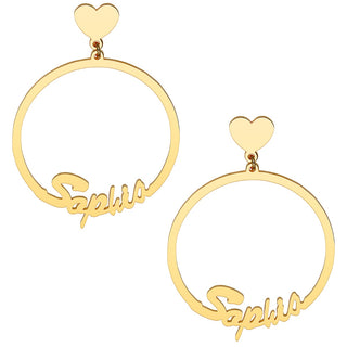 14K Gold Plated Script Name with Heart Dangle Earrings