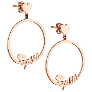 14K Rose Gold Plated Script Name with Heart Dangle Earrings