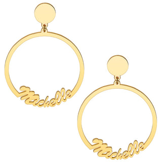 14K Gold Plated Script Name with Circle Dangle Earrings