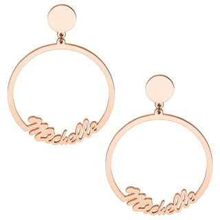 14K Rose Gold Plated Script Name with Circle Dangle Earrings