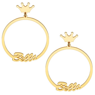 14K Gold Plated Script Name with Crown Dangle Earrings
