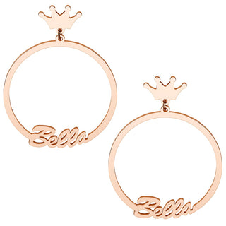 14K Rose Gold Plated Script Name with Crown Dangle Earrings