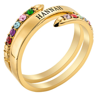 14K Gold Plated Engraved Family Birthstone Bypass Ring