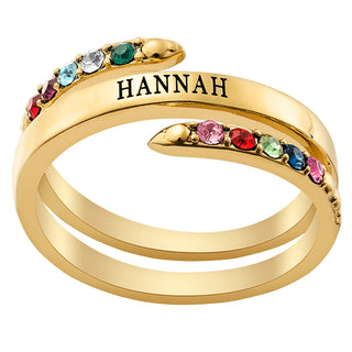 14K Gold Plated Engraved Family Birthstone Bypass Ring