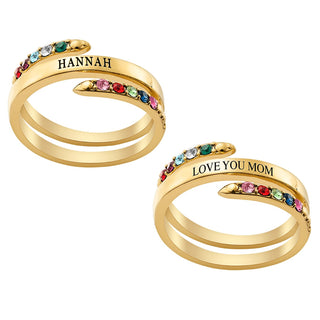14K Gold Plated Engraved Family Birthstone Bypass Ring